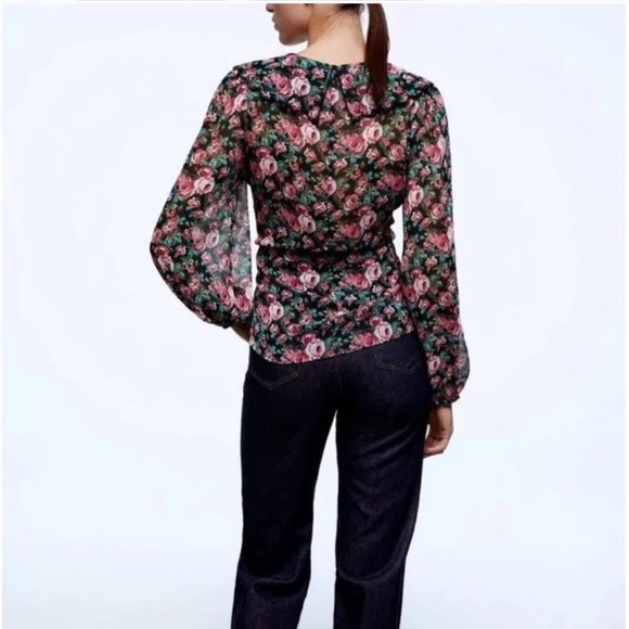 Zara Dark Floral Rose Front Lace Up Corset Top Chiffon Billowing Long Sleeves - Picture 5 of 11